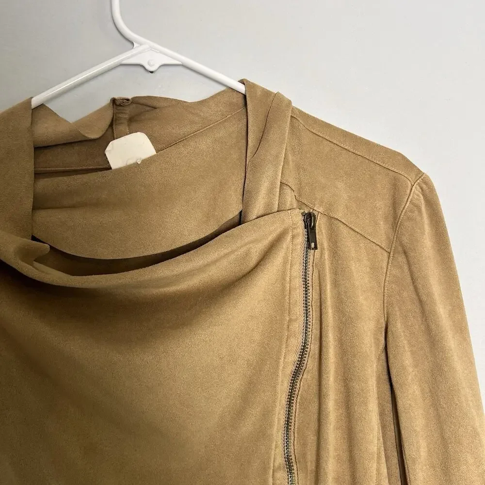 Mote Womens Tan Khaki Faux Suede Draped Full Zip Stretch Moto Jacket XXL Brown - Picture 2 of 9